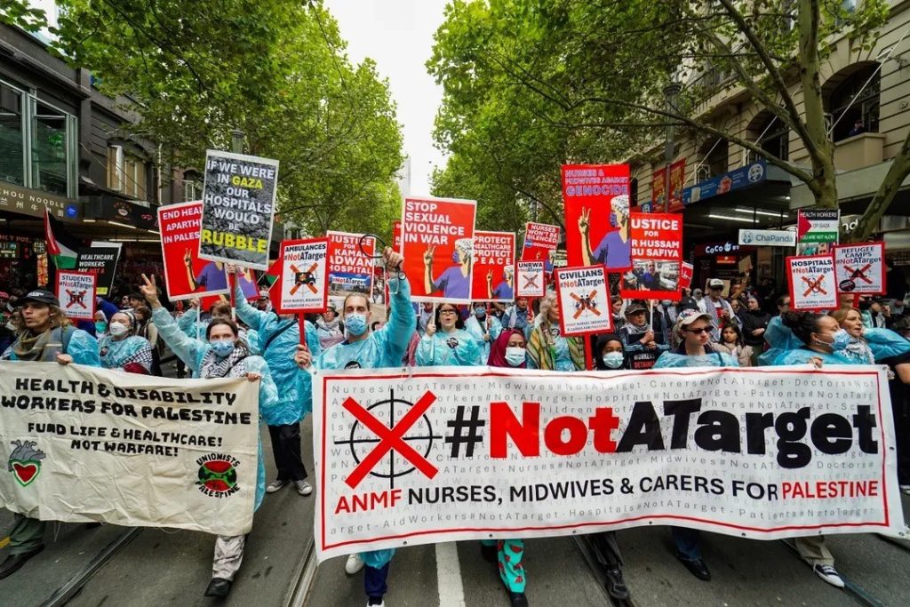 #NotATarget - ANMF Nurses, Midwives and Carers for Palestine banner.